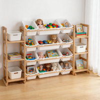 Toy Storage Organizer, Extra Large WoodenToy Storage, with 6 Side Shelves and 12 Bins, 3 -in-1 Bookshelf for Bedroom Playroom, Nursery, Wood Kids Toy by Rebrilliant