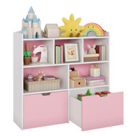 Kids Toy Storage Organizer Bookshelf – 5 Open Cubbies, 2 Movable Drawers, Hidden Wheels, Multifunctional Floor Cabinet for Playroom, Bedroom, Nursery
