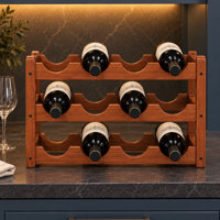 12 Bottle Rustic 3 Tier Bamboo Wine Rack, Countertop Organizer in Walnut by August Grove