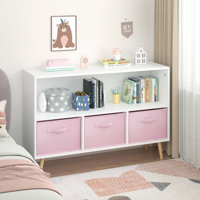 Wood Kids Storage Cabinet with 3 Fabric Drawers, Open Cubby Toy Organizer Bench, Scandinavian Low Bookcase Storage Chest for Playroom Bedroom Nursery