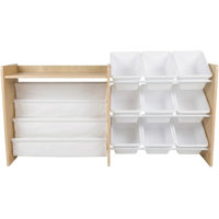 Toy Storage Organizer with Book Shelf and Top Shelf, 9 Removable Storage Bins for Kids Playroom, Toy Organization, Solid Wood, Natural/White