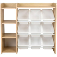 Toy Storage Organizer with Bookshelf, 9 Removable Storage Bins for Kids Playroom, Toy Organization and Storage, Solid Wood, Natural/White