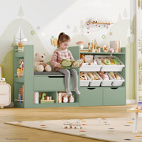 63"W * 35.4"H Kids Bookshelf with Reading Nook, Toddler Bookcase with Rolling Drawers & Removable Bins, Padded Bench for Playroom Organization