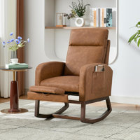 Modern Nursery Rocking Chair, Upholstered Glider Rocker with Foot Rest & Side Pockets, High Backrest Padded Accent Armchair, Recliner Chair, Brown