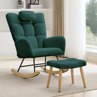 Emerald Green Teddy Sherpa Rocking Chair & Foot Stool Set, Oversized High Back Cushioned Glider Rocker Armchair, Comfy Nursing Rocker for Nursery, Rea