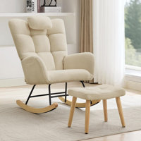 Comfy Nursing Rocking Chair with Matching Footrest, Plush Cushioned High Back Glider Rocker Armchair, Teddy Fleece Upholstered Rocker for Baby Nursery