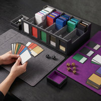 Premium PU Leather Trading Card Storage Box, Velvet Lined 5-Row Organizer for TCG Sports Game Cards, Black Purple with Dividers Sleeves Toploaders