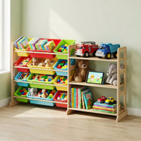 Solid Pine Wood Kids Toy Storage Bookshelf with 12 Bins & 3 Shelves, Rounded Corner Organizer for Playroom Nursery Bedroom by Rebrilliant