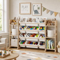 Kids Toy Storage Organizer, 12 Bins & 6 Open Shelves Wooden Storage Cabinet, Solid Pine Toy Shelf for Playroom, Bedroom & Living Room