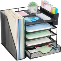 Desk Organizers and Accessories, 5-Tier Paper Letter Tray Organizer with File Holder, Drawer & Pen Holder, Office Desk Accessories, Desktop Organizer