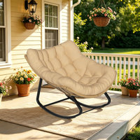 Oversized Papasan Rocking Chair with Soft Cushion, Wicker Rattan Egg Rocker for Indoor Outdoor, 300 Lbs Capacity Patio Lounge Chair for Garden Porch L
