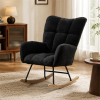 Teddy Fabric Wingback Glider Rocker, Dark Blue Comfort Nursing Chair with Side Storage Pocket, Sturdy Solid Wood Base, Multipurpose Accent Chair for N by George Oliver