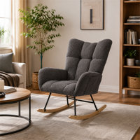 Grey Teddy Fabric Wingback Glider Rocker with Side Storage Pocket, Soft Comfort Nursing Rocking Chair, Sturdy Safe Solid Wood Base, Multipurpose Accen