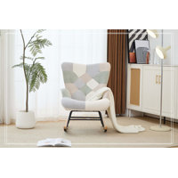 Patchwork Teddy Fleece Upholstered Rocking Chair, High Back Nursery Glider Rocker with Side Storage Pocket, Rubberwood Rockers Accent Armchair for Nur