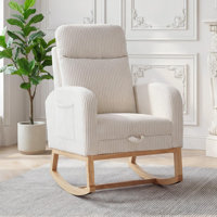 Nursery Rocking Chair, Corduroy Upholstered Rocking Chair with Adjustable Footrest, Tufted Rocker Chair with Side Pocket, Glider Rocker for Living Roo