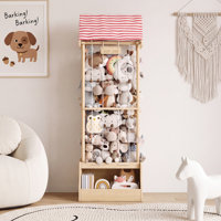 Solid Wood 2-in-1 Stuffed Animal Storage Tower with House-Shaped Canopy Top, Space-Saving Toy Organizer with Sturdy Cube Base for Playroom, Nursery, o