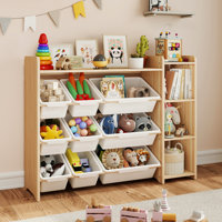 3-Tier Kids Bookshelf & Toy Storage Organizer with 9 Bins, Natural Pine Finish