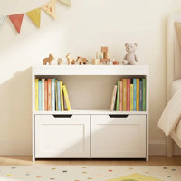 Kids Storage Cabinet with Open Compartment and 2 Pull-Out Drawers, Wooden Toy Organizer Bookcase, Freestanding Children Storage Chest for Nursery, Pla by Rebrilliant