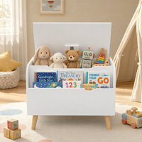 Kids Toy Chest with Safety Hinge & Front Book Storage Compartment, Wooden Toy Storage Box with Solid Wood Legs, Freestanding Toddler Book and Toy Orga