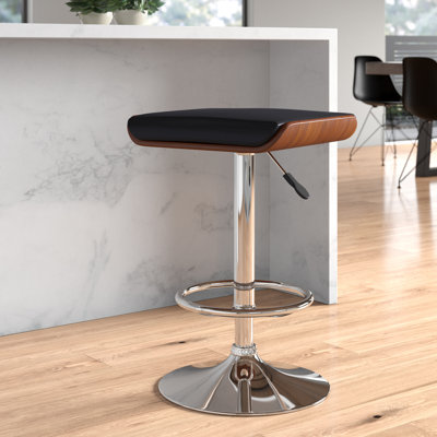 Windermere Modern Swivel Adjustable Height Backless Barstool in Chrome, Walnut wood, Faux Leather by George Oliver