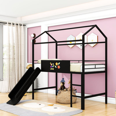 Twin Metal House-Shaped Loft Bed With Slide And Writing Board by Willow-Wares