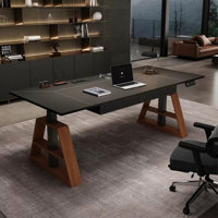 Black + Nut-brown Rectangular Hight adjustable Solid + Manufactured Wood + Steel with 2 drawers desk by Wren Decors