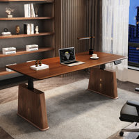 Nut-brown + Black Rectangular Hight adjustable Solid + Manufactured Wood + Steel desk by Wren Decors