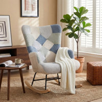 Patchwork Teddy Nursery Rocking Chair with High Back, Side Pocket and Solid Wood Glider, Upholstered Rocker for Nursery, Bedroom and Balcony