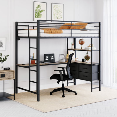 Metal Loft Bed Frame With 15" Safety Guardrail, Non-Slip Ladder, 2 Charging Stations, L-Shaped Desk, Storage Shelve, 4 Drawers, LED Lights by Winado