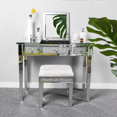 Mirrored Vanity Stool With Storage, Upholstered by Winado