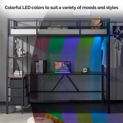 Black Loft Bed Twin Size With Drawer And LED Lights And Charge Station by Winado