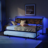 Twin Size Daybed With Trundle Twin, Metal Daybed Frame With Pop-Up Trundle Bed And Charging Station,Day Bed With Wooden Storage Headboard And LED Ligh by Winado