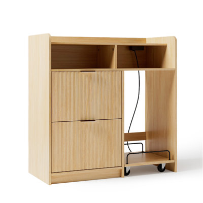 2 Drawer Wooden File Cabinet With Mobile Side Cart Wood Grain Finish Fluted Design P2 MDF & Particleboard by Winado