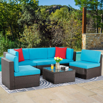6 Piece Patio Conversation Set All Weather Wicker Rattan Patio Sofa Outdoor Sectional Seating Group With Cushions,Pillows & Glass Table For Porch,Lawn by walsunny