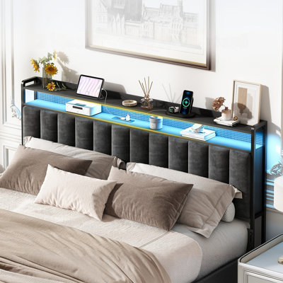 Kenily Upholstered Headboard with Storage Bags, LED Lights and Charging Station by Ivy Bronx