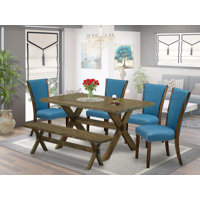 Winston Porter 36FD4EE0132C4DE1961D5795A08624F5 6 Pc Dining Set - 4 Black Dining Chairs, Wood Table And Modern Bench - Distressed Jacobean Finish by Winston Porter