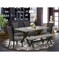 Winston Porter 36FD4EE0132C4DE1961D5795A08624F5 6 Pc Dining Set - 4 Black Dining Chairs, Wood Table And Modern Bench - Distressed Jacobean Finish by Winston Porter