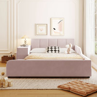 Upholstered Grounded Bed, Mother & Child Bed with Bedside Desk and Little Round Stool, Velvet