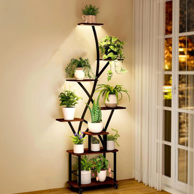 8 Tiered Indoor Plant Stand With Built - In Grow , Large Metal Shelf For Multiple Plants Areas, Rational Walnut + Black Construction Spaces, by Wovilo