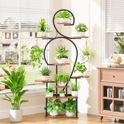 9 Tiered Indoor Plant Stand With Grow , Large Metal - Type Shelf For Multiple Plants In Primary Living Area, Walnut+Black Color Scheme, Open Back Hori by Wovilo
