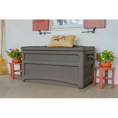 73 Gallon Water Resistant Deck Box with Wheels in Light Taupe by Suncast