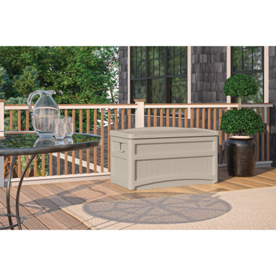 73 Gallon Water Resistant Deck Box with Wheels in Light Taupe by Suncast
