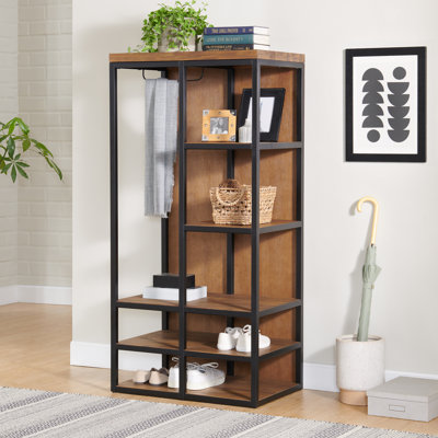 Lloyd 28"W 58"H Rustic Industrial Metal Frame Hall Tree With Covered Back, Shelves And Shoe Storage by Alaterre