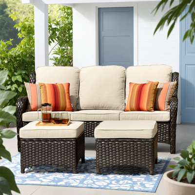 Peridot Outdoor Rattan 3-Person Sofa With Ottoman