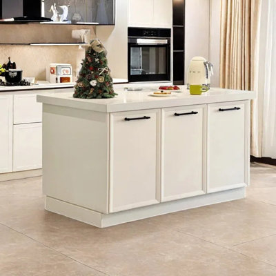 55.11" White Kitchen Island with Marble Top and Solid Wood Base by Artistic Soul XKX Premium Furniture