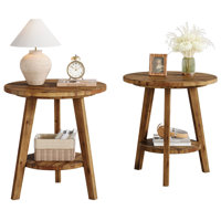 Solid Wood Round Side Table Set Of 2, 2-Tier End Table With Storage Shelf by XDYZ
