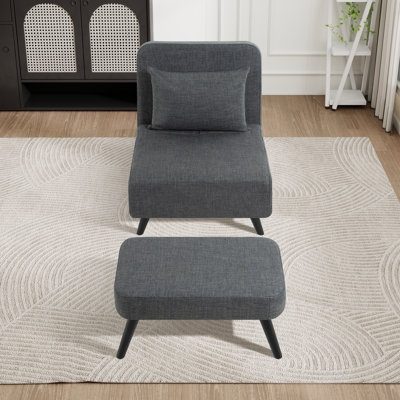 Modern Foldable Chaise Lounge - Linen Upholstered Armless Sofa With Matching Ottoman & Throw Pillow, Convertible Sleeper by YC
