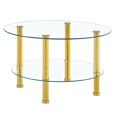 Contemporary Minimalist Double - Layer Tempered Glass Coffee Table: 27.5†Top & 23.6†Bottom, Reinforced Glass Surface, Stainless Steel Gold - Plated by YOPENG