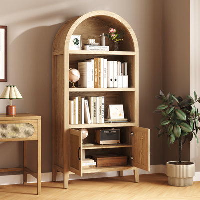 71" Tall Arched Cabinet, 5-Tier Arched Bookcase With Doors And Open Shelf by Red Barrel Studio