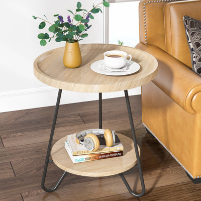 20" W Round Side Table, 2-Tier End Table with Metal Legs, Modern Industrial Bedside Table by LITTLE TREE FURNITURE
